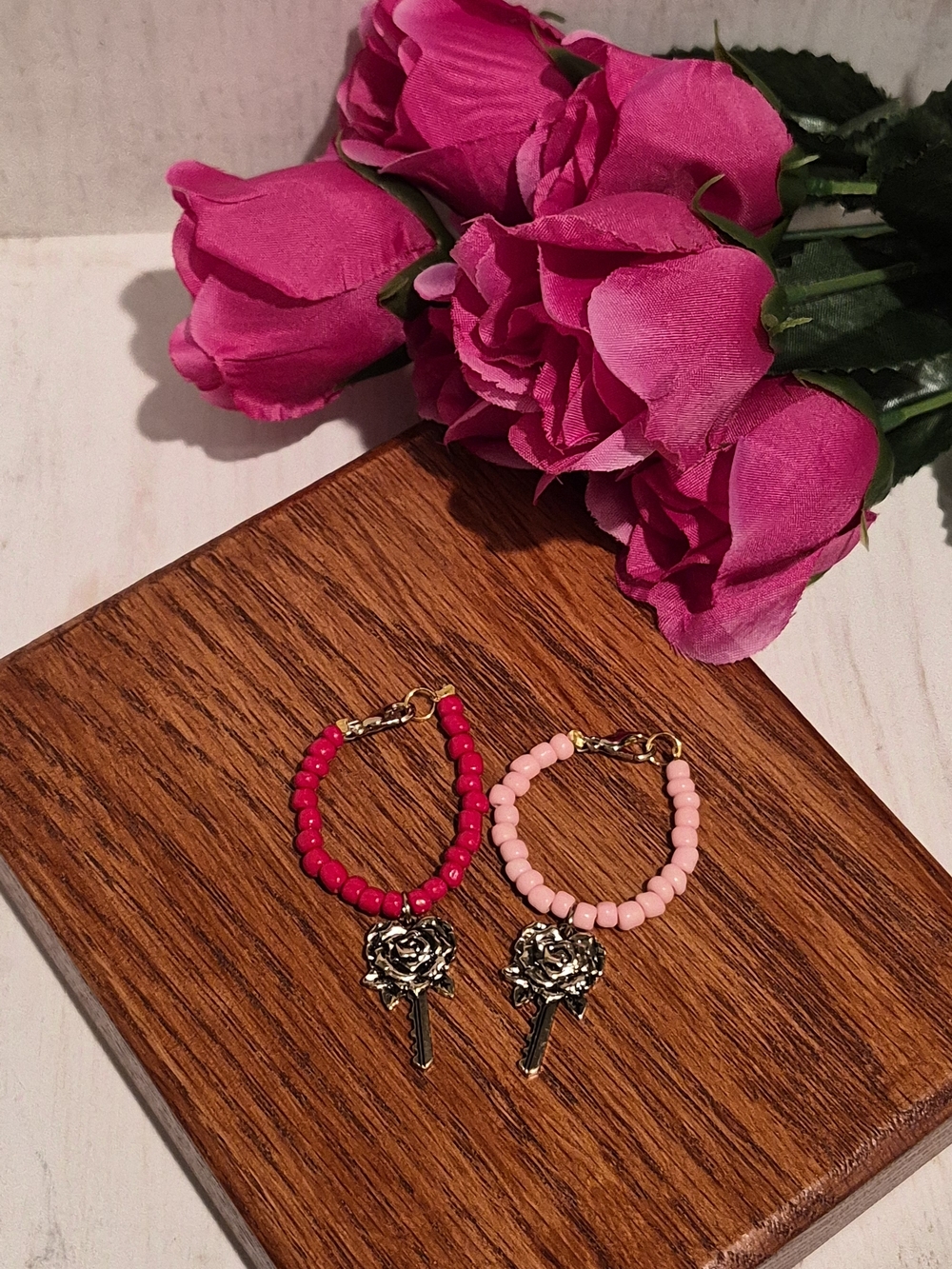 Beaded Rose Key Charm Cup Charm Set Of 2 - Red & Hot Pink